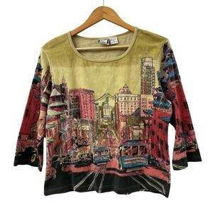 VTG Take Two XL San Francisco Cityscape Sequin Top Funky Maximalist Colorful Y2K